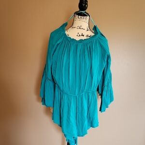 Elan Teal Blouse with Ruffled Sleeves